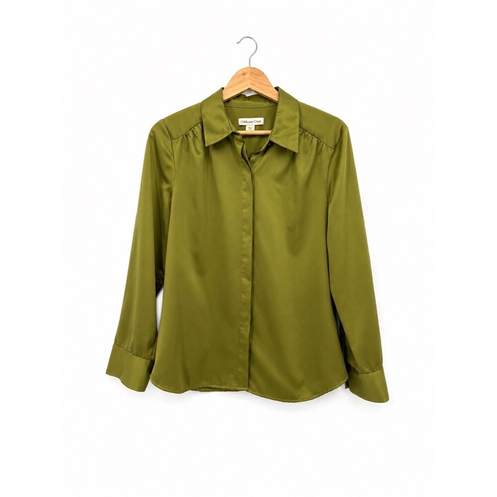 Coldwater Creek Green Satin Blouse Hidden Buttons Size Medium